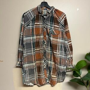 Vintage 70s Miss Fashionality Brown Plaid Flannel Shirt Mens M Distressed